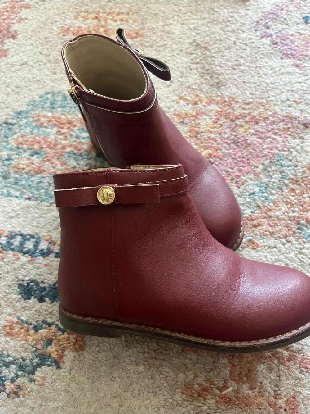 Janie and Jack Burgundy Leather Ankle Boots with Bow Accent